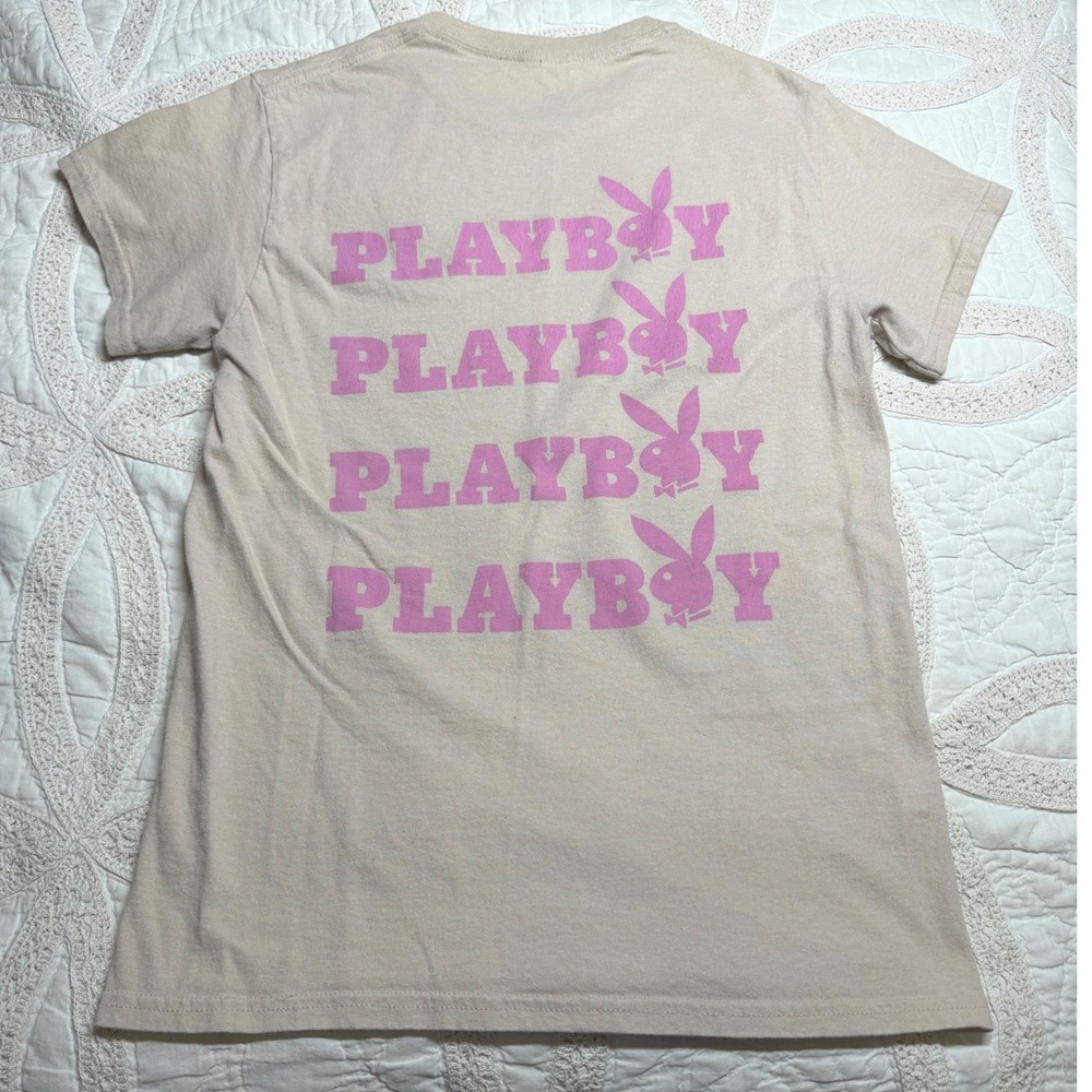 Playboy Graphic T-Shirt Tan Pink Logo Print Short Sleeve Retro Y2K Mens Size S
